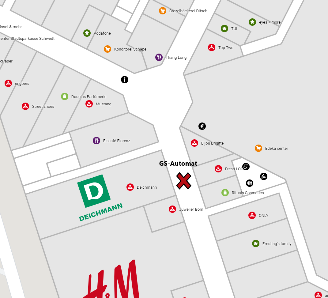 Centerplan: Standort des Gutschein-Automaten zwischen Deichmann, Juwelier Born und Bijou Brigitte